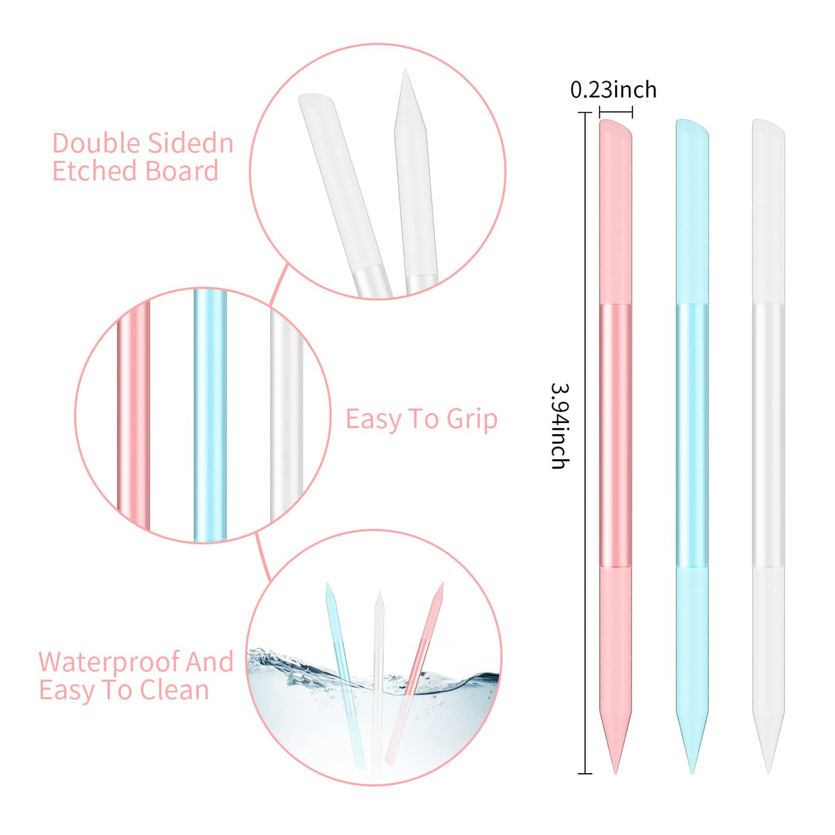 3 Pcs Glass Cuticle Pusher Nail File Cuticle Manicure Stick Remover Cuticle Tool Set Double Sided Crystal Glass with Grit Cuticle Care Stick for Women Girls Nail Salons Homes(Pink,Blue,Transparent) VXN Beauty