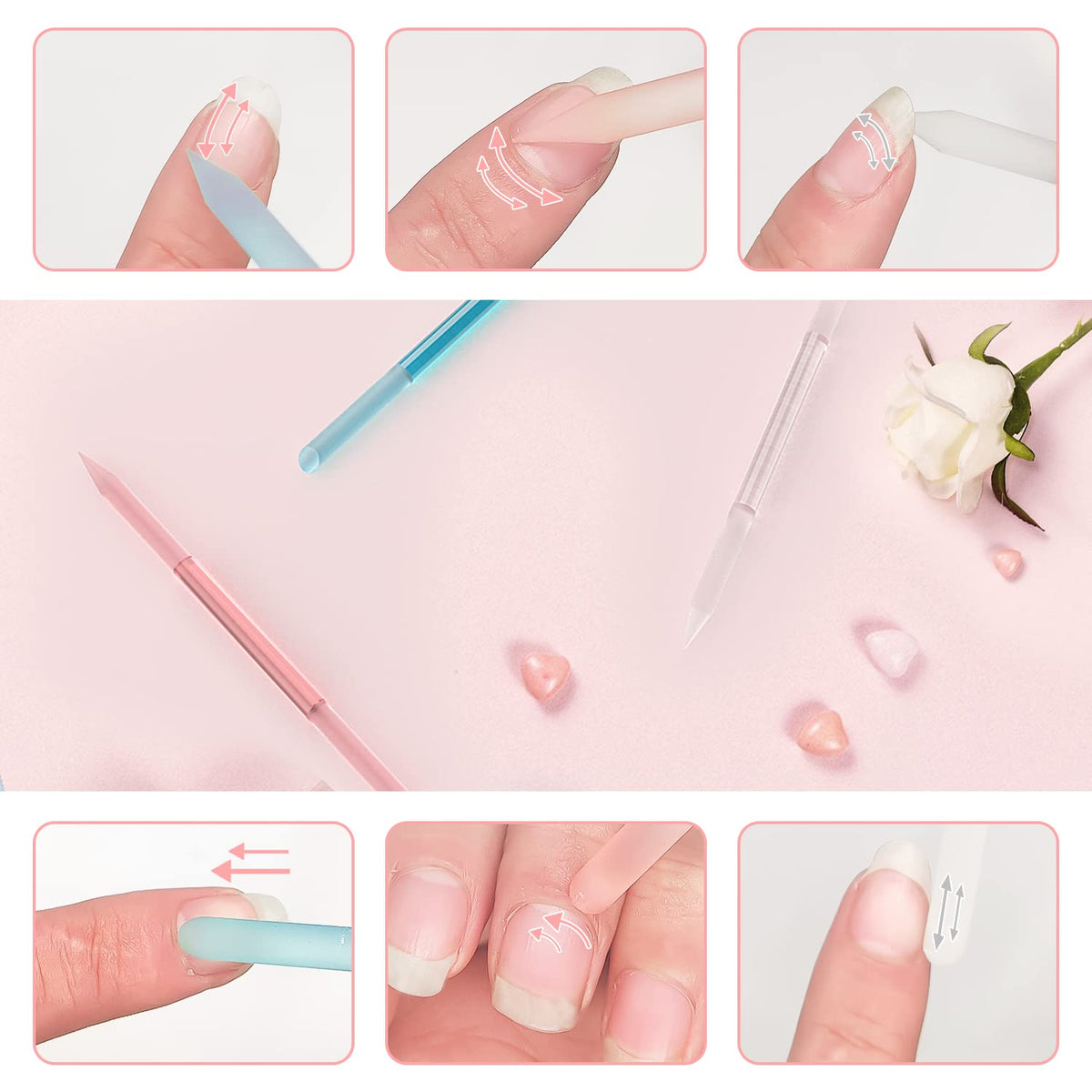 3 Pcs Glass Cuticle Pusher Nail File Cuticle Manicure Stick Remover Cuticle Tool Set Double Sided Crystal Glass with Grit Cuticle Care Stick for Women Girls Nail Salons Homes(Pink,Blue,Transparent) VXN Beauty