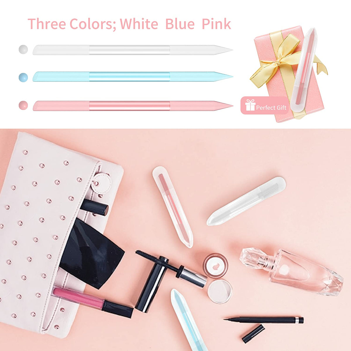 3 Pcs Glass Cuticle Pusher Nail File Cuticle Manicure Stick Remover Cuticle Tool Set Double Sided Crystal Glass with Grit Cuticle Care Stick for Women Girls Nail Salons Homes(Pink,Blue,Transparent) VXN Beauty