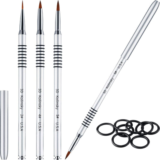 3 Pcs Kolinsky 3D Nail Art Brush Set Size 2/4/5 Acrylic Nail Art Brush with Silver Metal Nonslip Grip Handle Polish Cleaning Manicure Tools for Women Acrylic Sculpture Application VXN Beauty