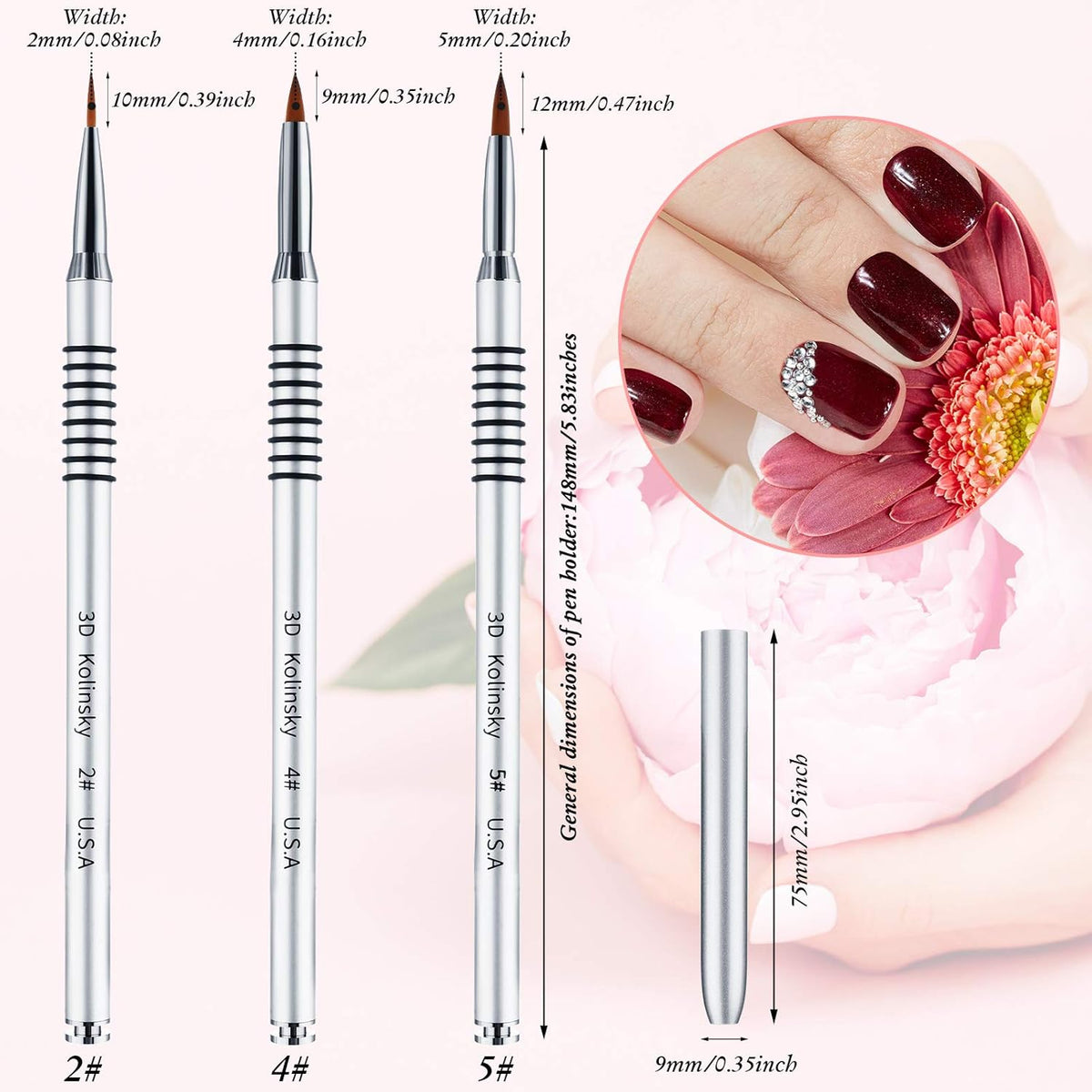 3 Pcs Kolinsky 3D Nail Art Brush Set Size 2/4/5 Acrylic Nail Art Brush with Silver Metal Nonslip Grip Handle Polish Cleaning Manicure Tools for Women Acrylic Sculpture Application VXN Beauty