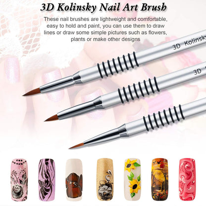 3 Pcs Kolinsky 3D Nail Art Brush Set Size 2/4/5 Acrylic Nail Art Brush with Silver Metal Nonslip Grip Handle Polish Cleaning Manicure Tools for Women Acrylic Sculpture Application VXN Beauty