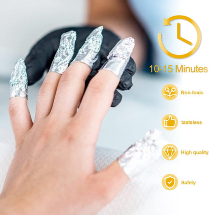 100 foil nail stickers, foil for gel nails, nail foil remover with pre-installed lint-free cotton pads for manicure and pedicure, nail art cleanser VXN Beauty