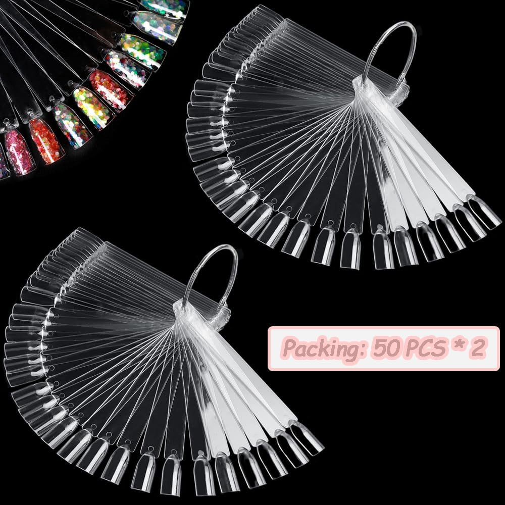 100 transparent nail sticks in wave shape, nail polish sticks, nail display sticks, transparent plastic pointed color sticks with metal ring for salons and beginners VXN Beauty