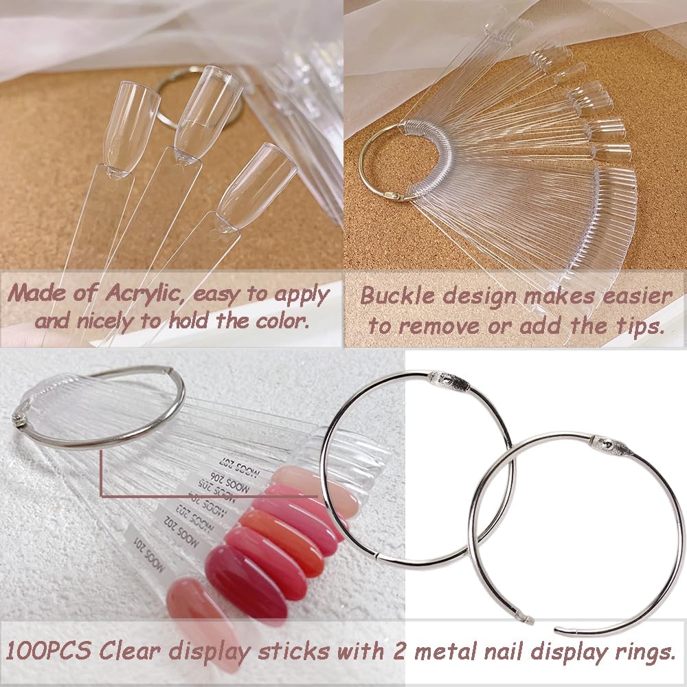 100 transparent nail sticks in wave shape, nail polish sticks, nail display sticks, transparent plastic pointed color sticks with metal ring for salons and beginners VXN Beauty