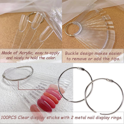 100 transparent nail sticks in wave shape, nail polish sticks, nail display sticks, transparent plastic pointed color sticks with metal ring for salons and beginners VXN Beauty