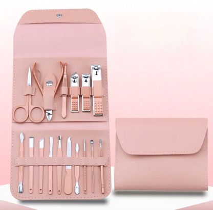 16-Piece Stainless Steel Manicure and Pedicure Set, Home Nail Clippers and Cuticle Tools Kit for Hand, Foot, and Facial Care—Pink VXN Beauty