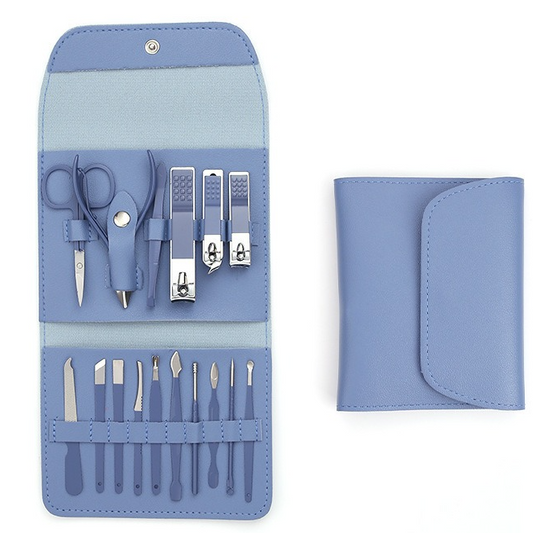 16-Piece Stainless Steel Manicure and Pedicure Set, Home Nail Clippers and Cuticle Tools Kit for Hand, Foot, and Facial Care - Blue VXN Beauty
