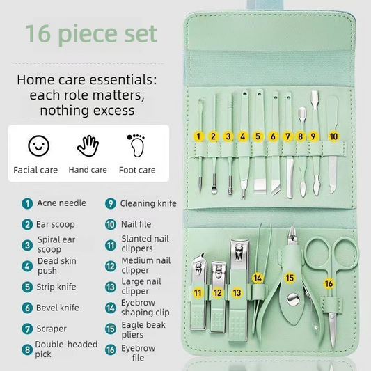 16-Piece Stainless Steel Manicure and Pedicure Set, Home Nail Clippers and Cuticle Tools Kit for Hand, Foot, and Facial Care - Blue VXN Beauty