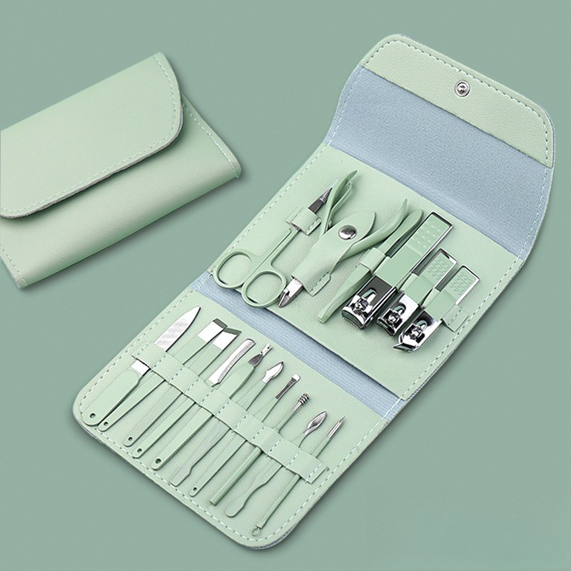 16-Piece Stainless Steel Manicure and Pedicure Set, Home Nail Clippers and Cuticle Tools Kit for Hand, Foot, and Facial Care—Green VXN Beauty