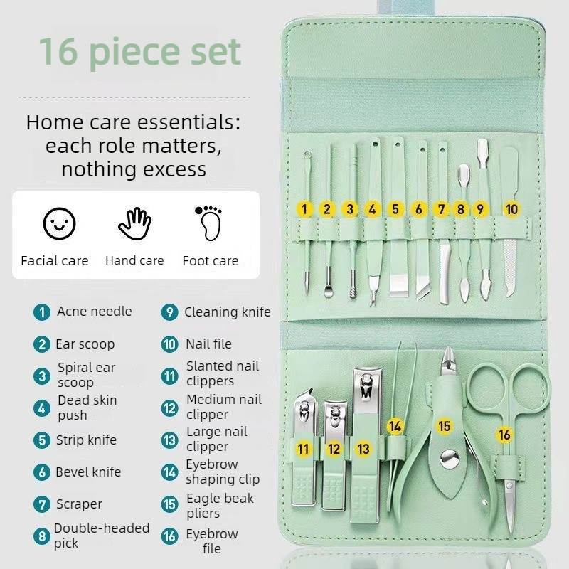 16-Piece Stainless Steel Manicure and Pedicure Set, Home Nail Clippers and Cuticle Tools Kit for Hand, Foot, and Facial Care—Green VXN Beauty