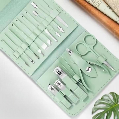 16-Piece Stainless Steel Manicure and Pedicure Set, Home Nail Clippers and Cuticle Tools Kit for Hand, Foot, and Facial Care—Green VXN Beauty