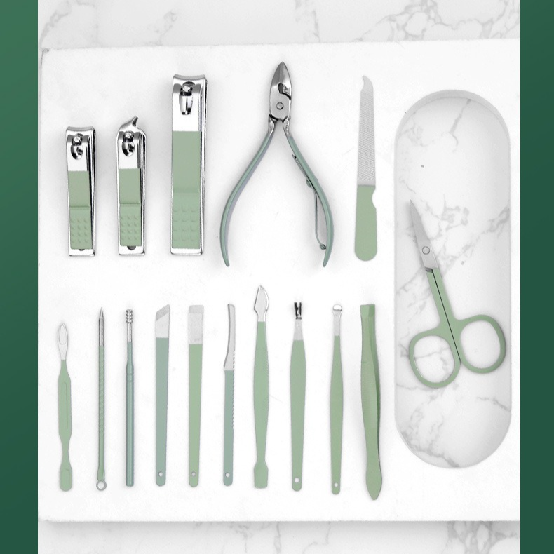 16-Piece Stainless Steel Manicure and Pedicure Set, Home Nail Clippers and Cuticle Tools Kit for Hand, Foot, and Facial Care—Green VXN Beauty