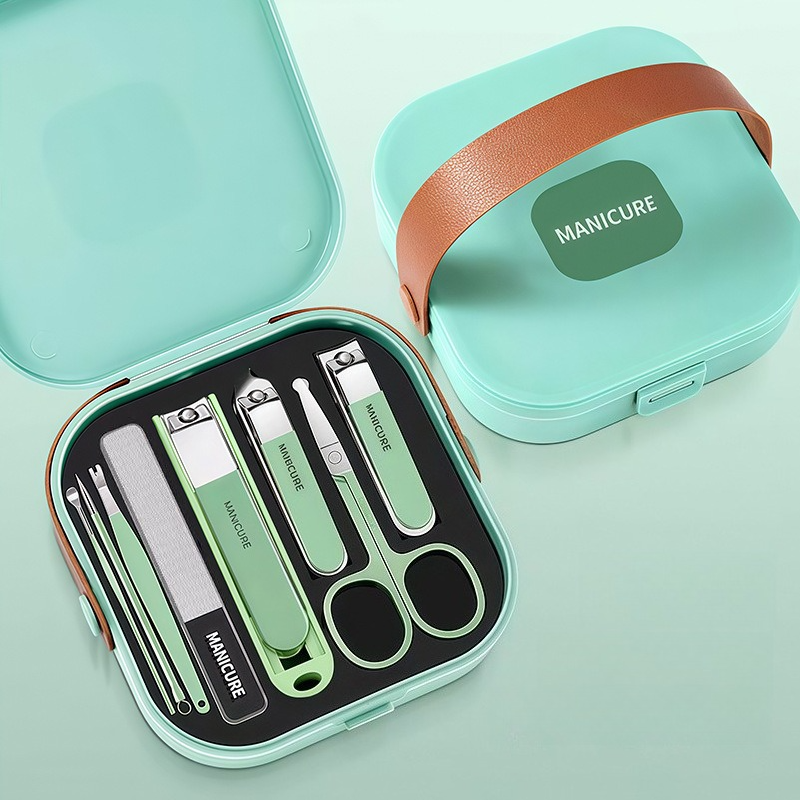 8-Piece Portable Manicure Set with Handheld PP Case, Splash-Proof Steel Nail Clipper Travel Beauty Kit—Green VXN Beauty
