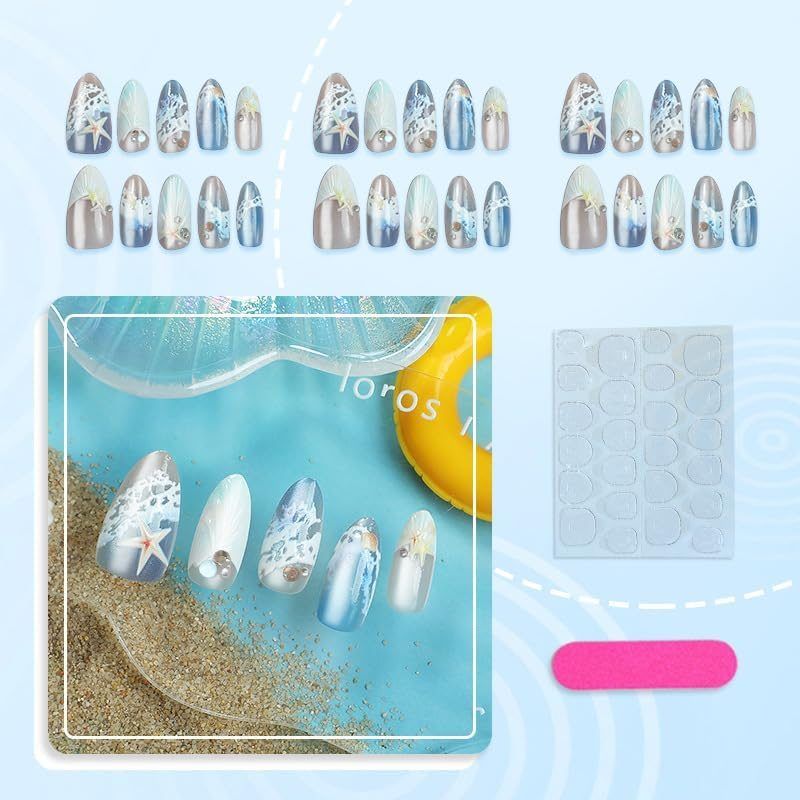 Blue seaside false nails, decorated false nails, seashell nail art, starfish nails, ocean-inspired nails, coastal nail designs, beach themed nails, Australian nail art VXN Beauty