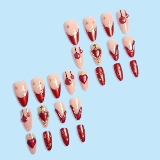 press-on nails, cherry design nails, heart design nails, embellished nails, high-quality press-on nails, easy-to-apply nails, Australian fashion nails, trendy nail art VXN Beauty