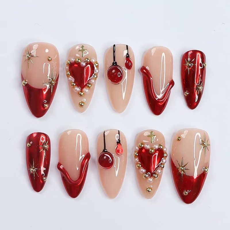 press-on nails, cherry design nails, heart design nails, embellished nails, high-quality press-on nails, easy-to-apply nails, Australian fashion nails, trendy nail art VXN Beauty