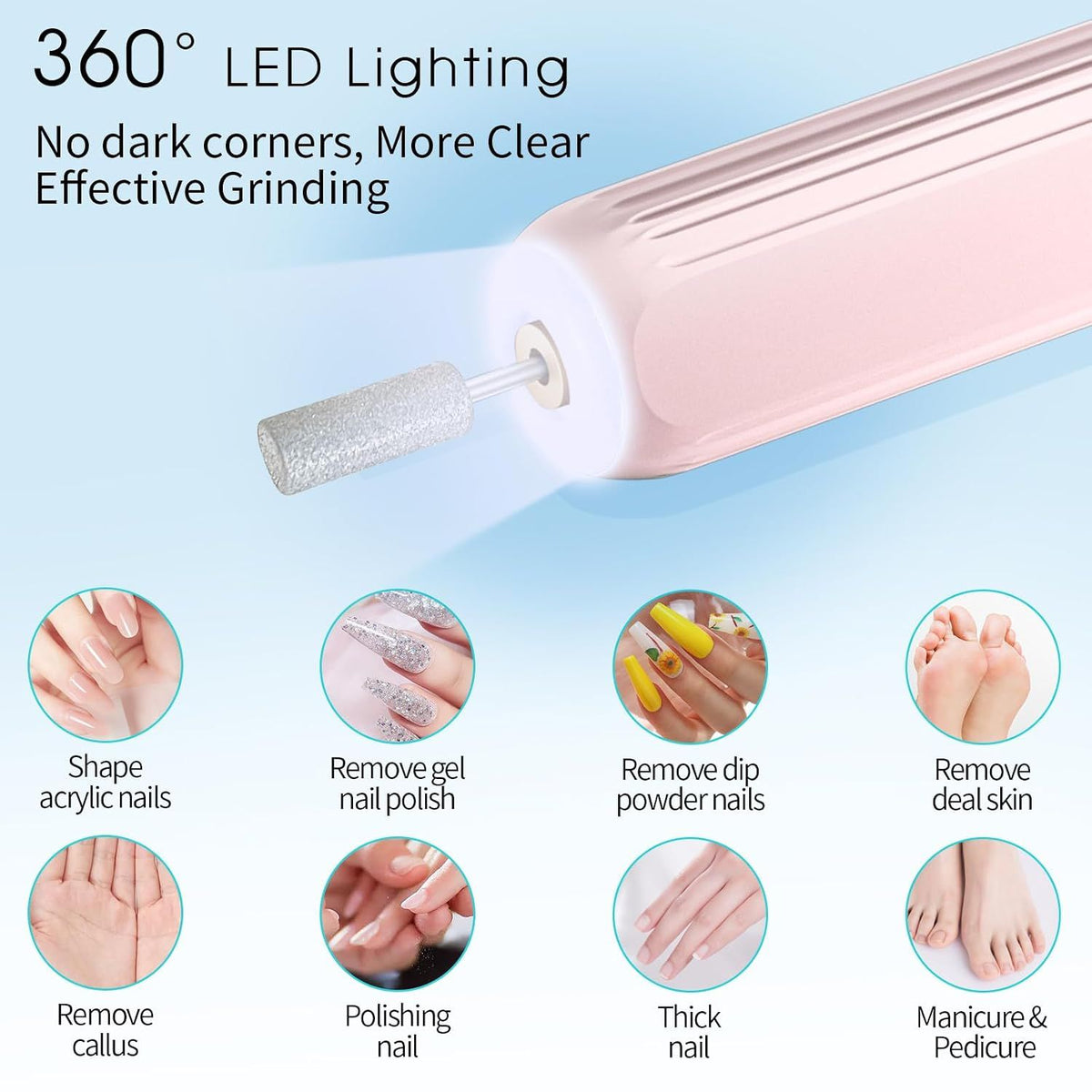Electric Nail Drill, Professional Manicure Pedicure Kit, Cordless Electric Nail File Set, Rechargeable Pedicure Tools for feet, 3 Speeds Hand Foot Care Nail Drill for Thick Nail Toenail Cuticle VXN Beauty