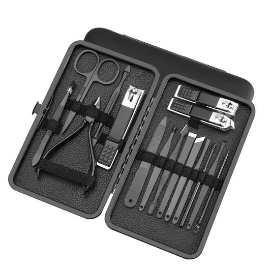 Black Nail Clipper 18 Set Stainless Steel Manicure Nail Scissors Pedicure Kit Nippers Trimmer Care Tool with Travel Case Kit VXN Beauty