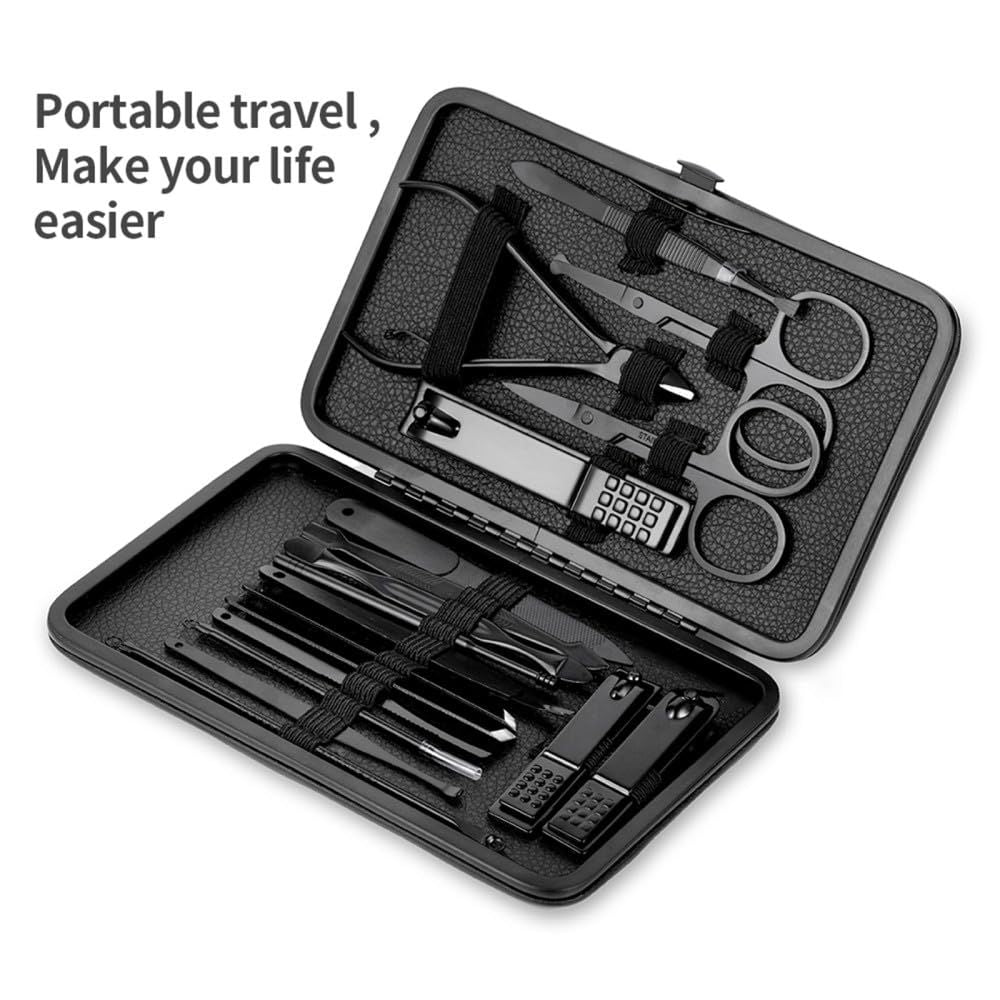 Black Nail Clipper 18 Set Stainless Steel Manicure Nail Scissors Pedicure Kit Nippers Trimmer Care Tool with Travel Case Kit VXN Beauty