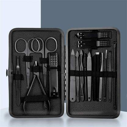 Black Nail Clipper 18 Set Stainless Steel Manicure Nail Scissors Pedicure Kit Nippers Trimmer Care Tool with Travel Case Kit VXN Beauty