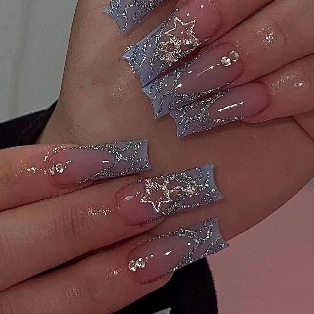 Press on Nails Long Square Fake Nails Glossy Glue on Nails Blue Acrylic Nails Squoval Bling Glitter Swirl Artificial Nails Star Rhinestone Stick on False Nails with Design 24 pcs 04407Blue VXN Beauty