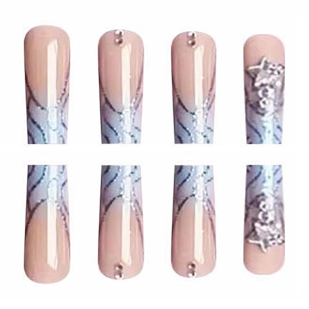 Press on Nails Long Square Fake Nails Glossy Glue on Nails Blue Acrylic Nails Squoval Bling Glitter Swirl Artificial Nails Star Rhinestone Stick on False Nails with Design 24 pcs 04407Blue VXN Beauty