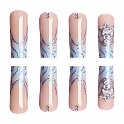 Press on Nails Long Square Fake Nails Glossy Glue on Nails Blue Acrylic Nails Squoval Bling Glitter Swirl Artificial Nails Star Rhinestone Stick on False Nails with Design 24 pcs 04407Blue VXN Beauty