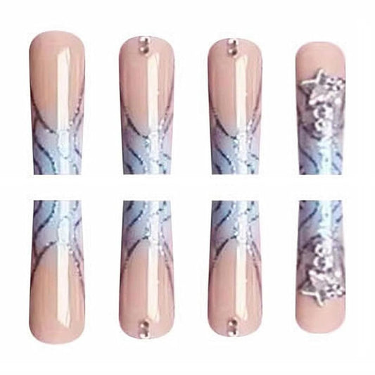 Press on Nails Long Square Fake Nails Glossy Glue on Nails Blue Acrylic Nails Squoval Bling Glitter Swirl Artificial Nails Star Rhinestone Stick on False Nails with Design 24 pcs 04407Blue VXN Beauty