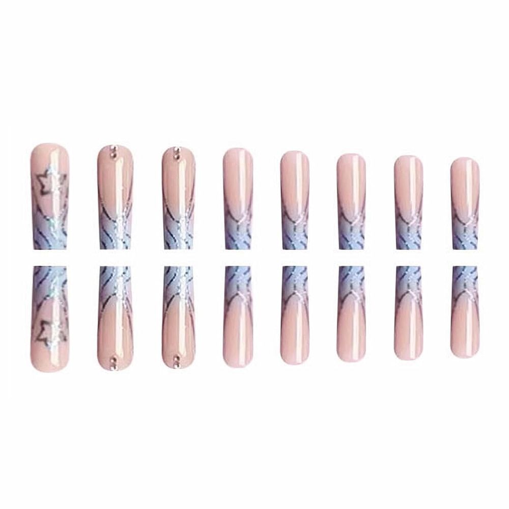 Press on Nails Long Square Fake Nails Glossy Glue on Nails Blue Acrylic Nails Squoval Bling Glitter Swirl Artificial Nails Star Rhinestone Stick on False Nails with Design 24 pcs 04407Blue VXN Beauty