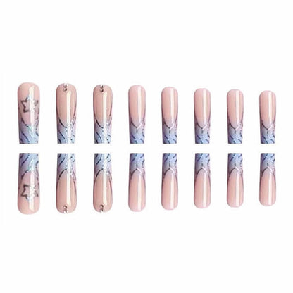 Press on Nails Long Square Fake Nails Glossy Glue on Nails Blue Acrylic Nails Squoval Bling Glitter Swirl Artificial Nails Star Rhinestone Stick on False Nails with Design 24 pcs 04407Blue VXN Beauty