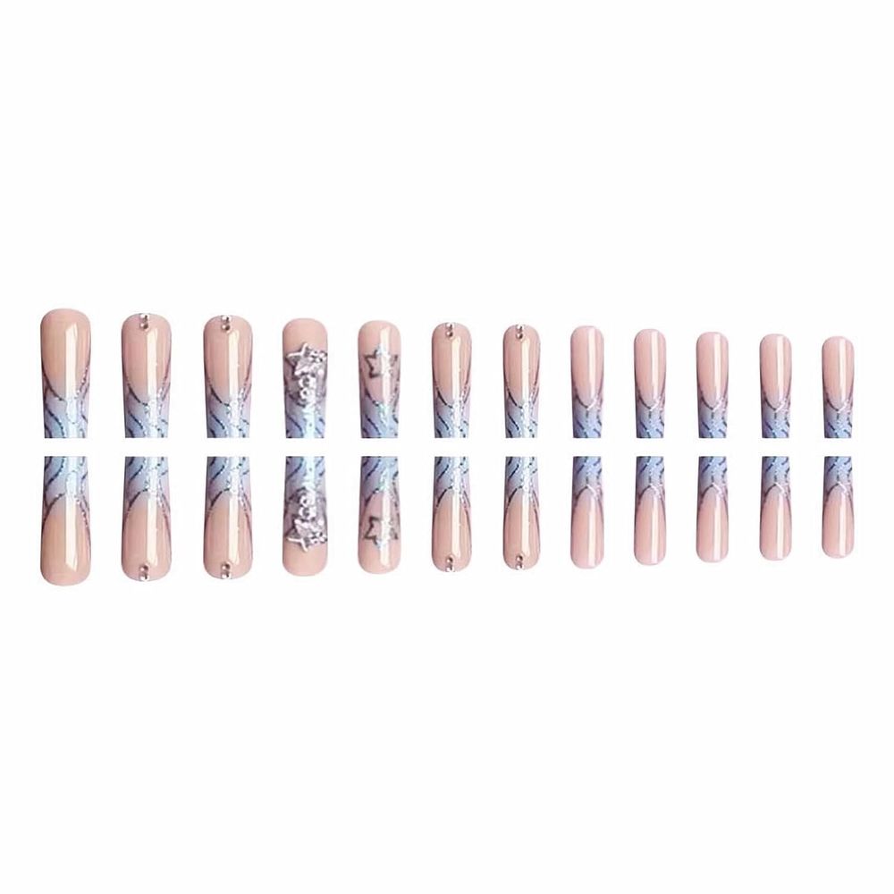 Press on Nails Long Square Fake Nails Glossy Glue on Nails Blue Acrylic Nails Squoval Bling Glitter Swirl Artificial Nails Star Rhinestone Stick on False Nails with Design 24 pcs 04407Blue VXN Beauty