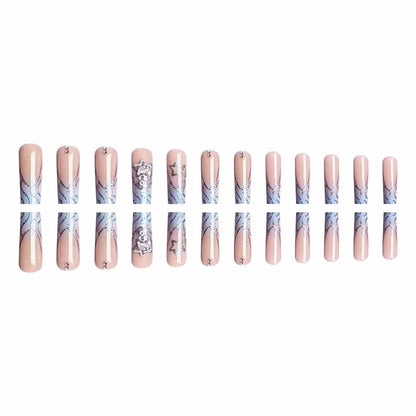 Press on Nails Long Square Fake Nails Glossy Glue on Nails Blue Acrylic Nails Squoval Bling Glitter Swirl Artificial Nails Star Rhinestone Stick on False Nails with Design 24 pcs 04407Blue VXN Beauty