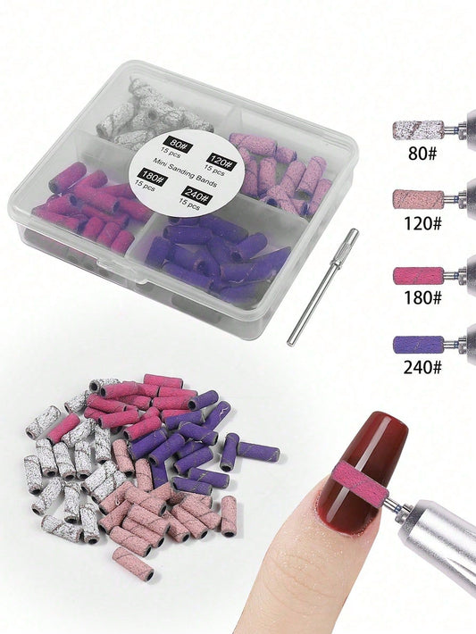60pcs 4 Grits With Mini Mandrel Nail Art 3mm Mini Grinding Sand Ring Bands Set Electric Grinding Machine Nail Grinding Head Nail Drill Bits Manicure Tools VXN Beauty