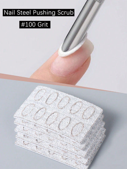 50Pcs Nail Steel Push Front Sanding Slice 100 Grit Remove Dead Skin Polish Nail Beveled Steel Pusher Replacement Scrub Sheet Nail Cleaning Tool Manicure Supplies VXN Beauty