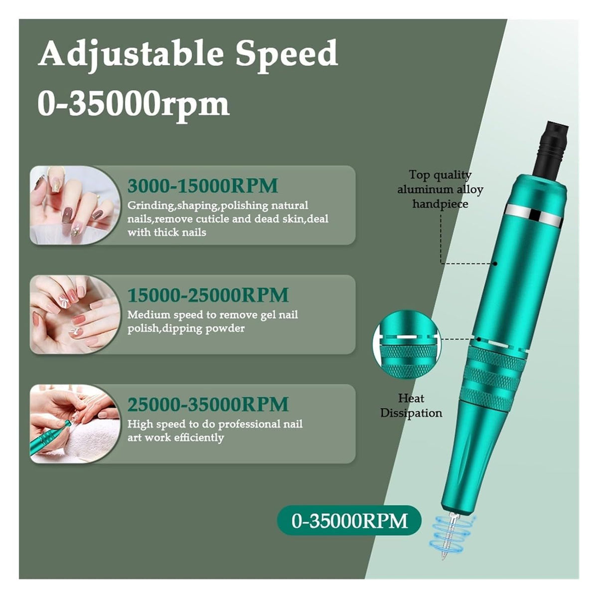 35000RPM Portable Nail Drill Machine Professional Rechargeable Efile Nail Drill, Low Heat Electric Nail File for Acrylic(Green) VXN Beauty