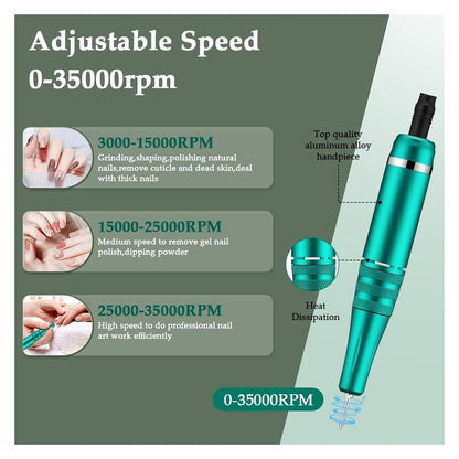 35000RPM Portable Nail Drill Machine Professional Rechargeable Efile Nail Drill, Low Heat Electric Nail File for Acrylic(Green) VXN Beauty