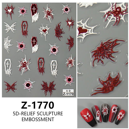 Halloween Theme Nail Art Stickers 5D Embossed Self-Adhesive Nail Decal Horrible Ghost Spider Nail Applique Nail Charm VXN Beauty