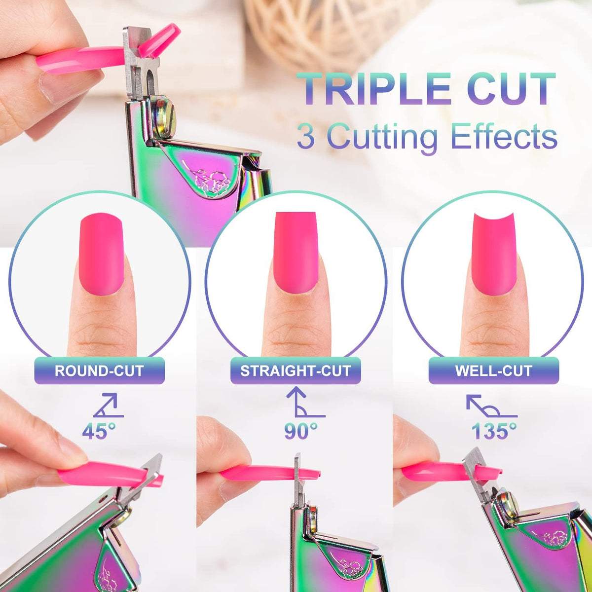 Nail Clippers for Acrylic Nails, Chameleon Premium Metal Acrylic Nail Clippers, Stainless Steel Rainbow Color Trimmer VXN Beauty
