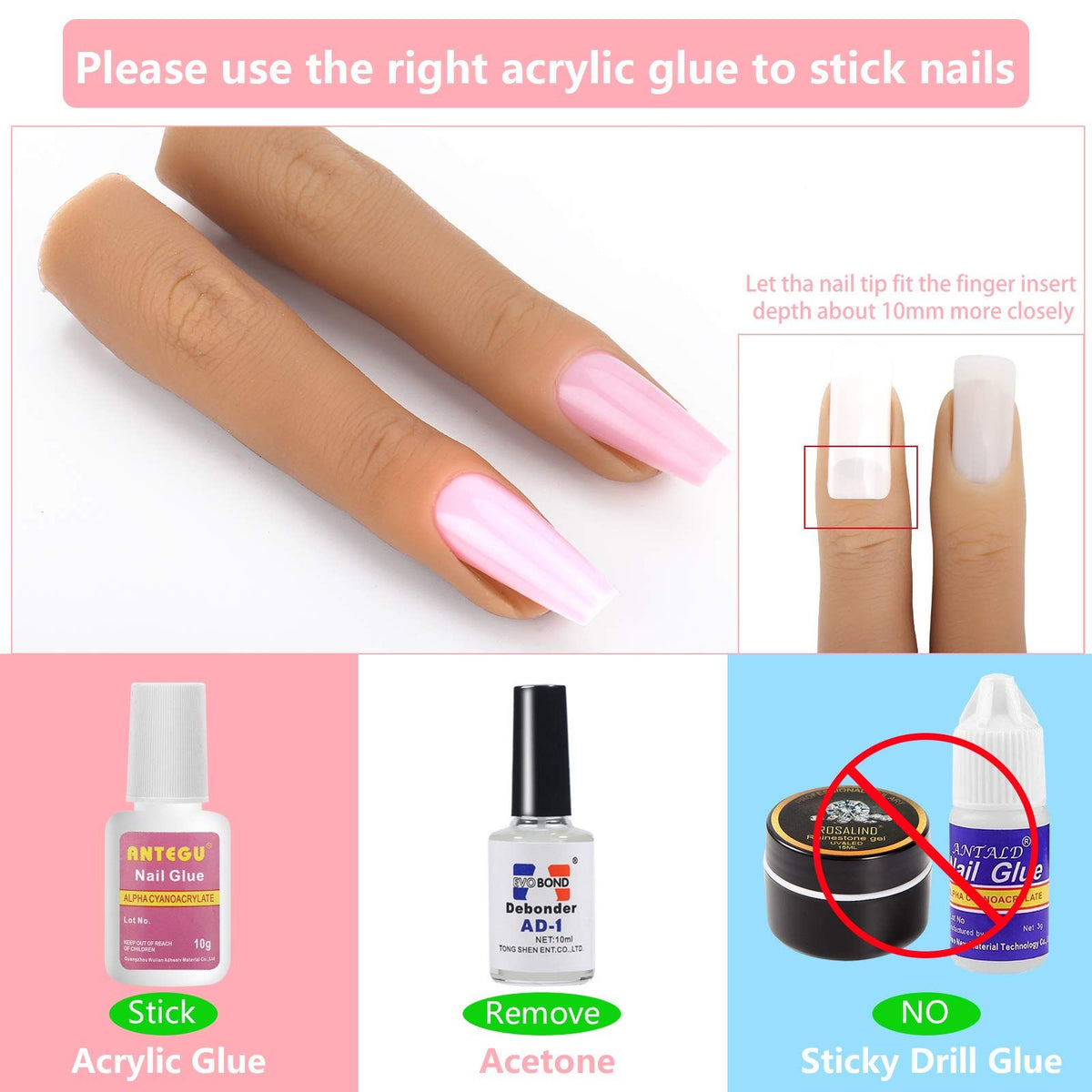 Silicone Practice Fingers for Acrylic Nails, Bendable Fake Nail Training Finger Manicure DIY Nail Art (3-2pcs) VXN Beauty