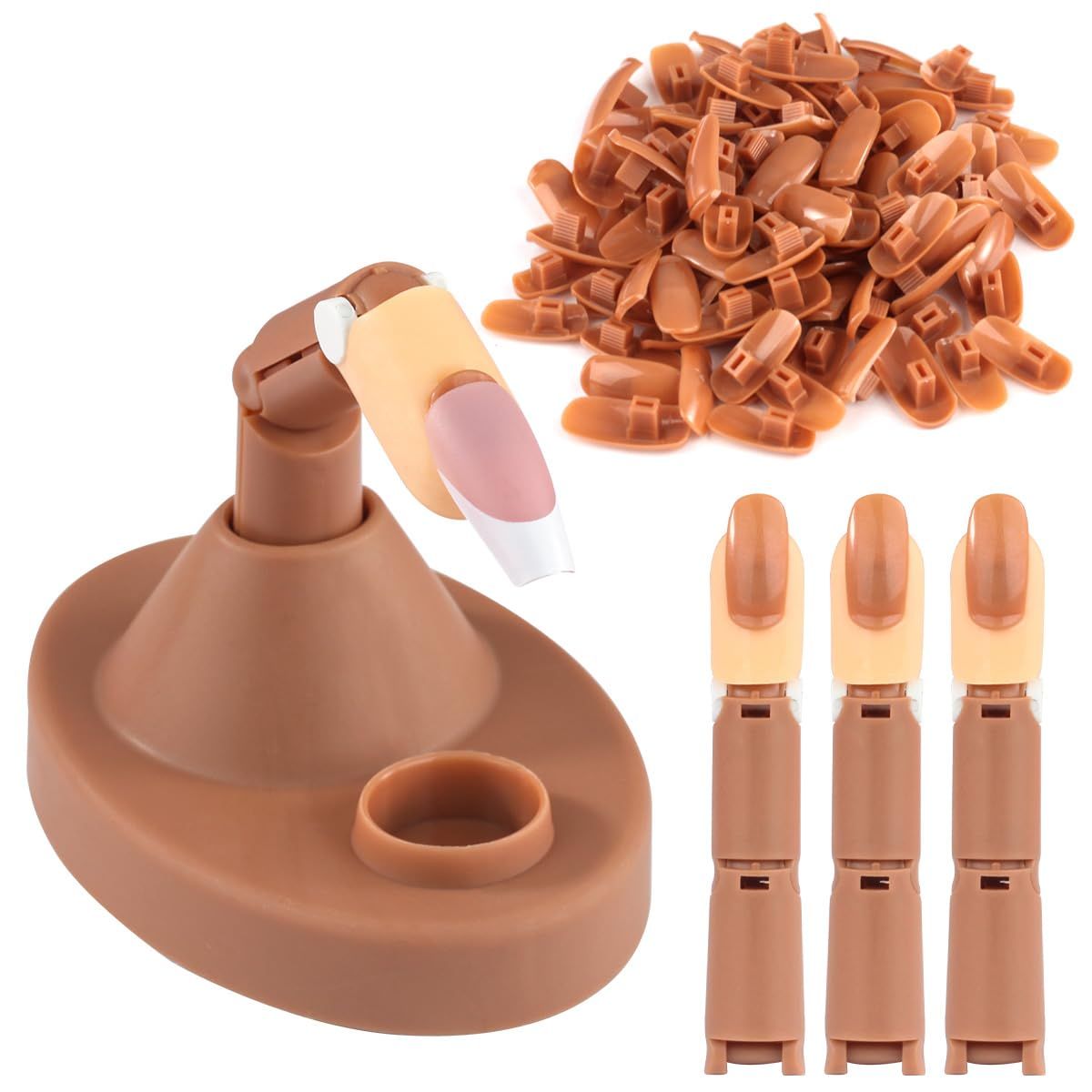 Acrylic Nail Practice Finger Kit, Acrylic Nail Training with 1 Base Stand, 3 Adjustable Fake Fingers, 100 Brown Nail Tips VXN Beauty