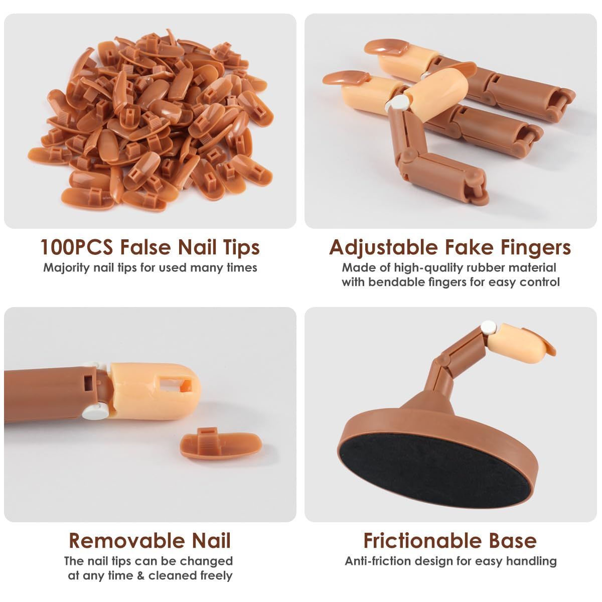 Acrylic Nail Practice Finger Kit, Acrylic Nail Training with 1 Base Stand, 3 Adjustable Fake Fingers, 100 Brown Nail Tips VXN Beauty