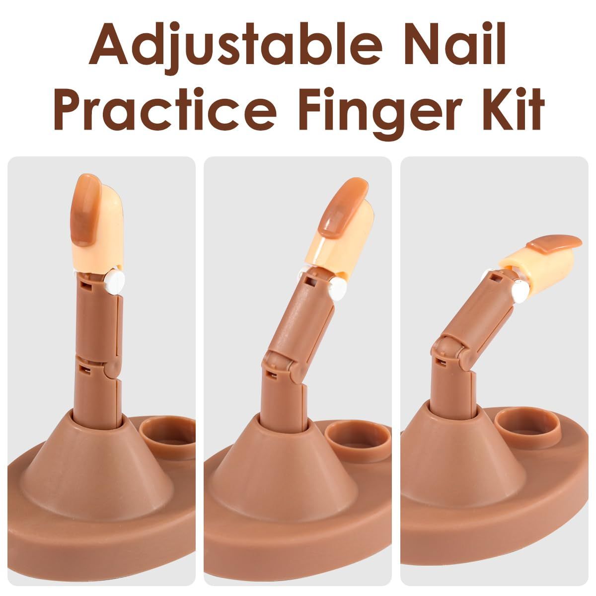 Acrylic Nail Practice Finger Kit, Acrylic Nail Training with 1 Base Stand, 3 Adjustable Fake Fingers, 100 Brown Nail Tips VXN Beauty