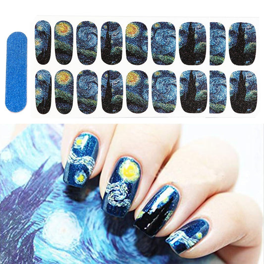 3D Van Gogh's Starry Night Fullnail Stickers, Full Nail Starry Sky Art Gel Nail Polish Sticker Decals, Shimmery Glittery VXN Beauty