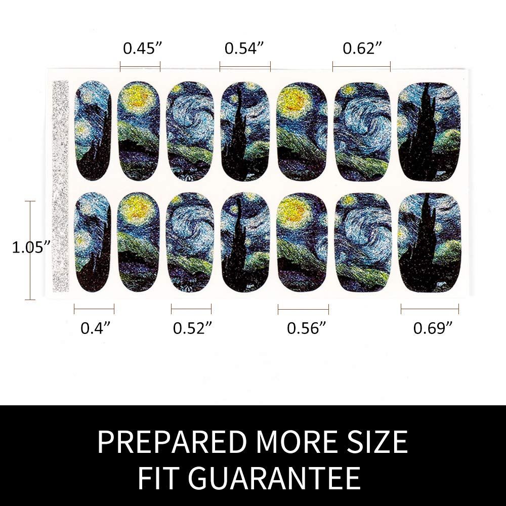 3D Van Gogh's Starry Night Fullnail Stickers, Full Nail Starry Sky Art Gel Nail Polish Sticker Decals, Shimmery Glittery VXN Beauty
