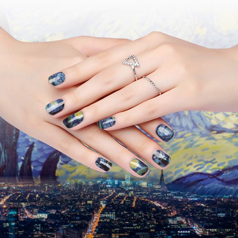 3D Van Gogh's Starry Night Fullnail Stickers, Full Nail Starry Sky Art Gel Nail Polish Sticker Decals, Shimmery Glittery VXN Beauty