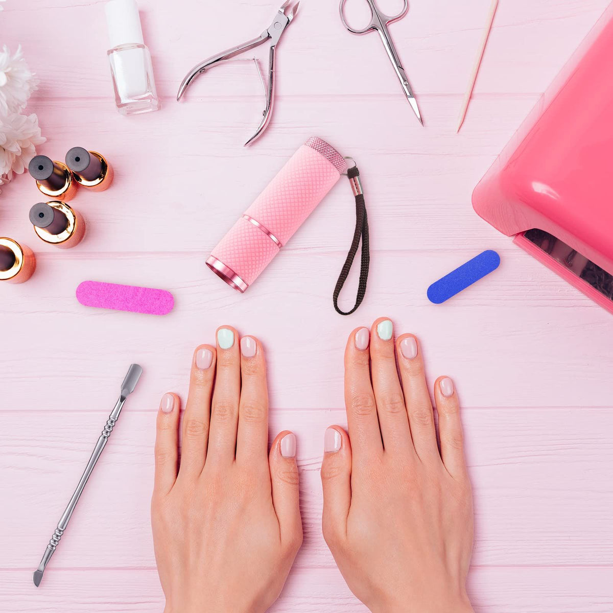 Mini UV LED Nail Lamp for Gel Nails with 9 LED and Nail Cuticle Pusher Portable Gel LED UV Nail Lamp (Pink) VXN Beauty