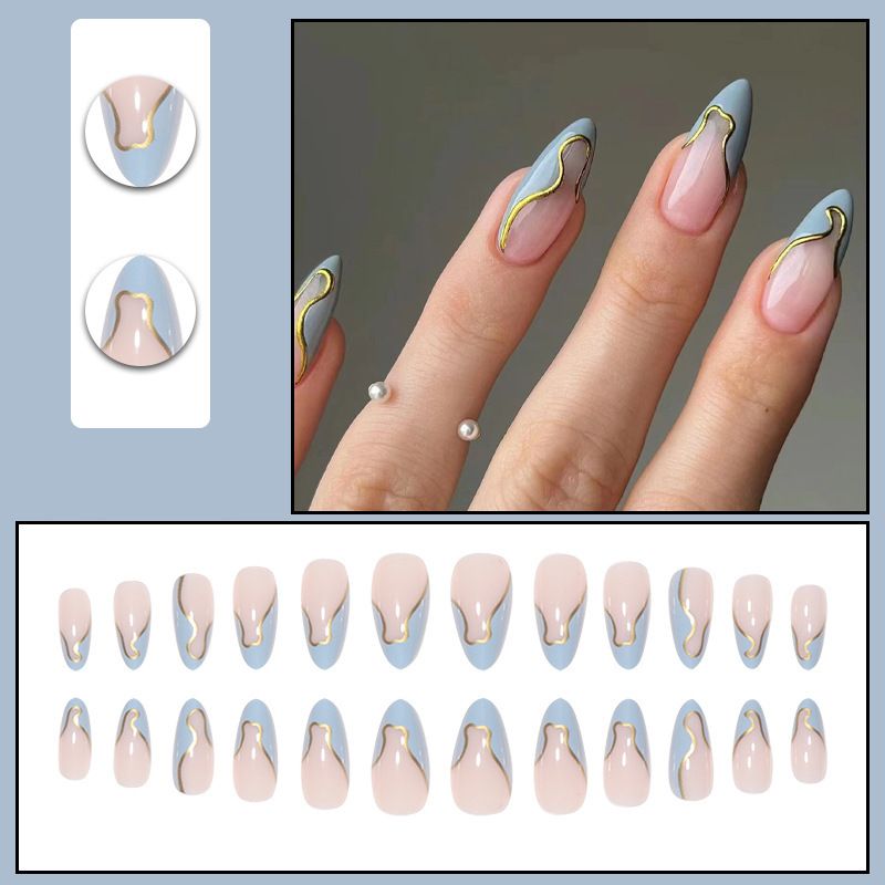24 Pcs - MINGCHUN Summer Fake Nails Press ons French Nail Art Tips Glitter Line Design Full Cover Acrylic False Nails Glue VXN Beauty