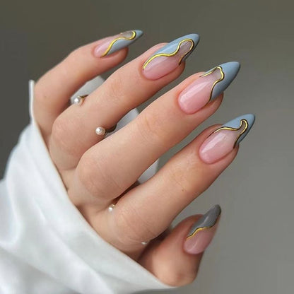 24 Pcs - MINGCHUN Summer Fake Nails Press ons French Nail Art Tips Glitter Line Design Full Cover Acrylic False Nails Glue VXN Beauty