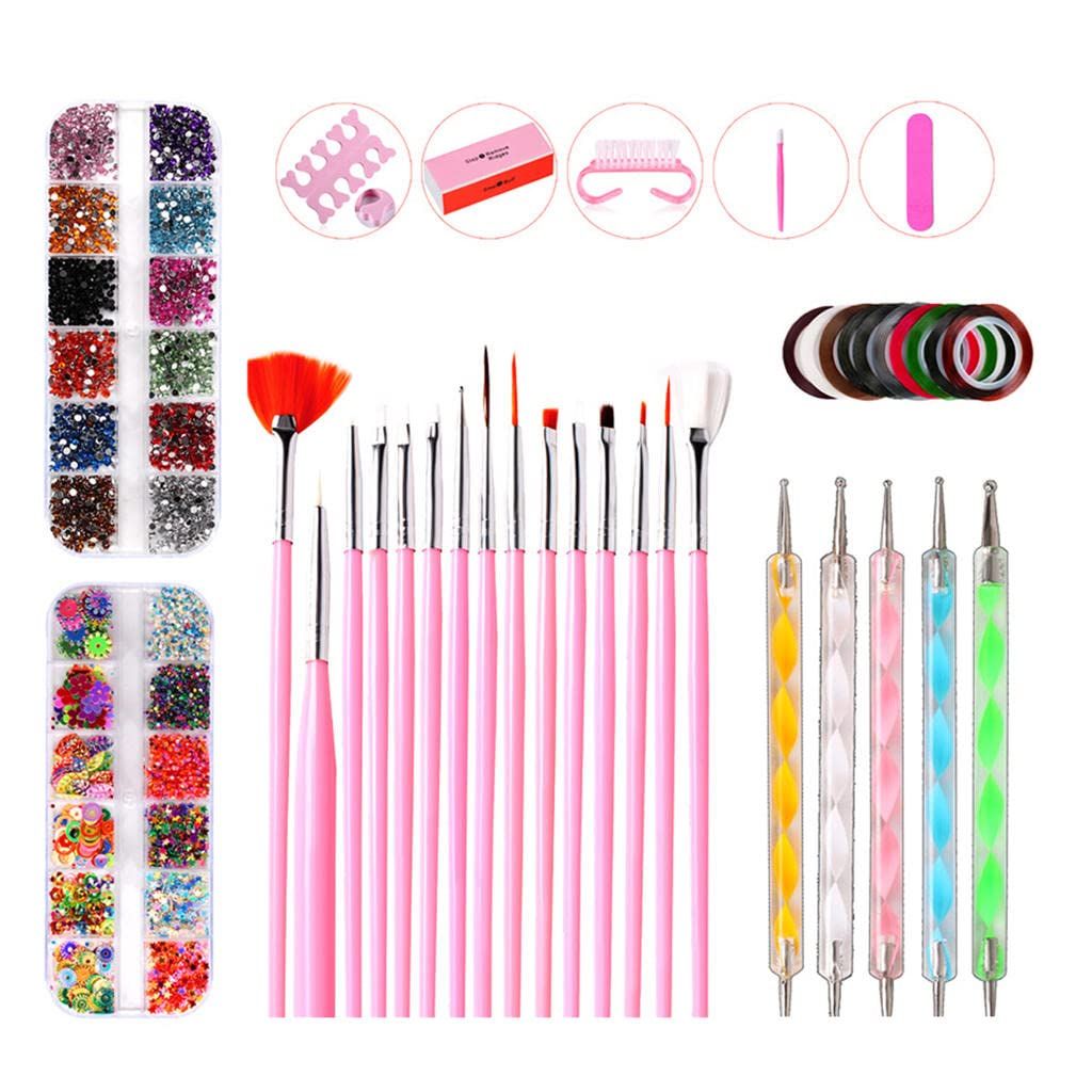 Nail Art Design Set, Professional Nail Art Tool Nail Art Brushes Dotting Pen Striping Tape Nail File Block Rhinestones Decoration VXN Beauty